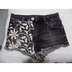 Miss Me Denim Black Shorts with Floral Details